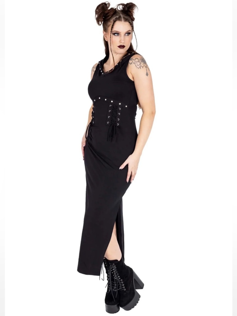 Vixxsin Black Cora Hooded Lace Up Goth Studded Sleeveless Midi Dress Dark Punk - Picture 2 of 14